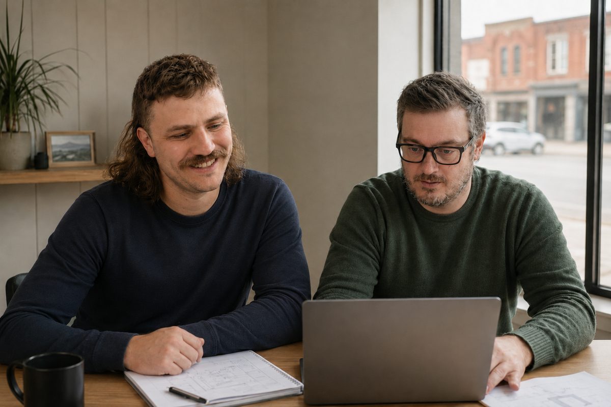 The two Sidekick Digital founders working together at a laptop in a small-town Alberta office